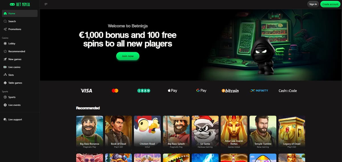 Página de inicio de Betninja Casino con un ninja de dibujos animados en una escena nevada con una máquina expendedora, que promociona un bono de €1,000 y 100 free spins para nuevos jugadores. La interfaz oscura incluye navegación para tragamonedas, casino en vivo, juegos de mesa y títulos recomendados como Book of Dead, Sugar Rush 1000 y Big Bass Bonanza.