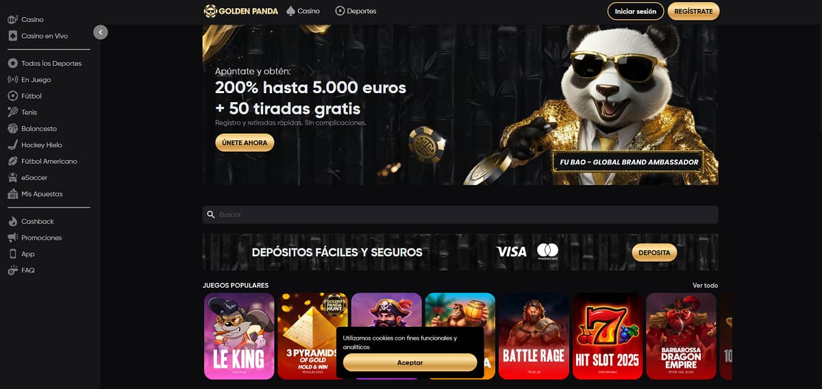 Captura de pantalla de la página de inicio de Golden Panda Casino con un banner de '200% Welcome Offer up to €5,000 + 50 Free Spins' y juegos populares como The Dog House y Big Bass Splash.